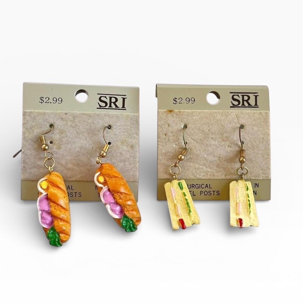 Set of 2 Vintage NOS SRI Mini Sandwich Dangle Earrings Novelty 80s